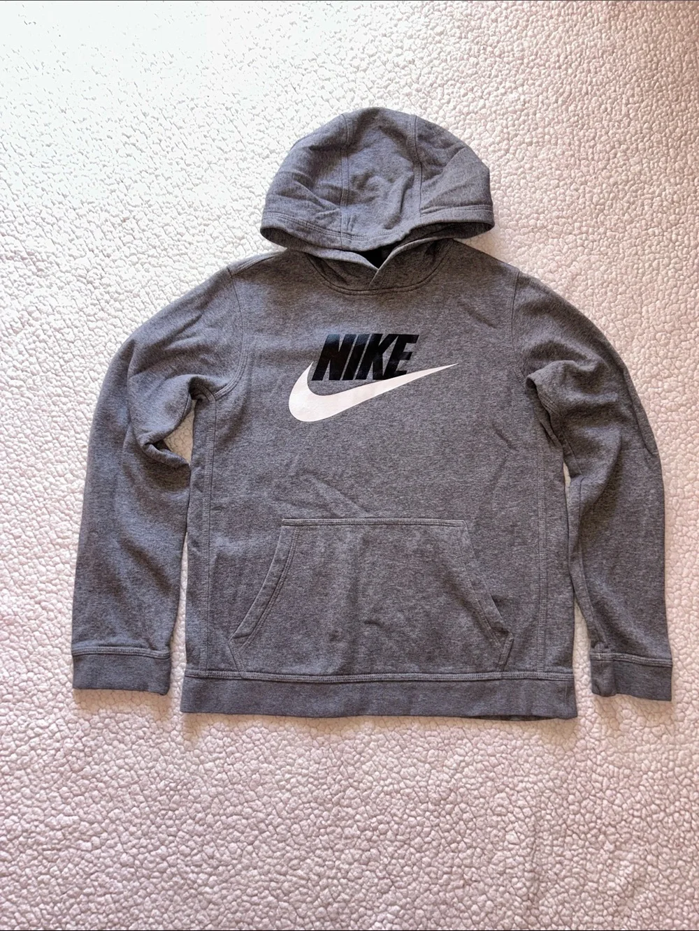 Nike Gray Pullover Hoodie with White Swoosh and Black NIKE Text